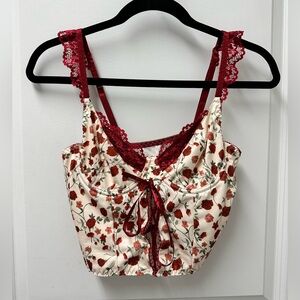 ROMWE Floral Lace Corset Cami Top Red Rose Print Size S